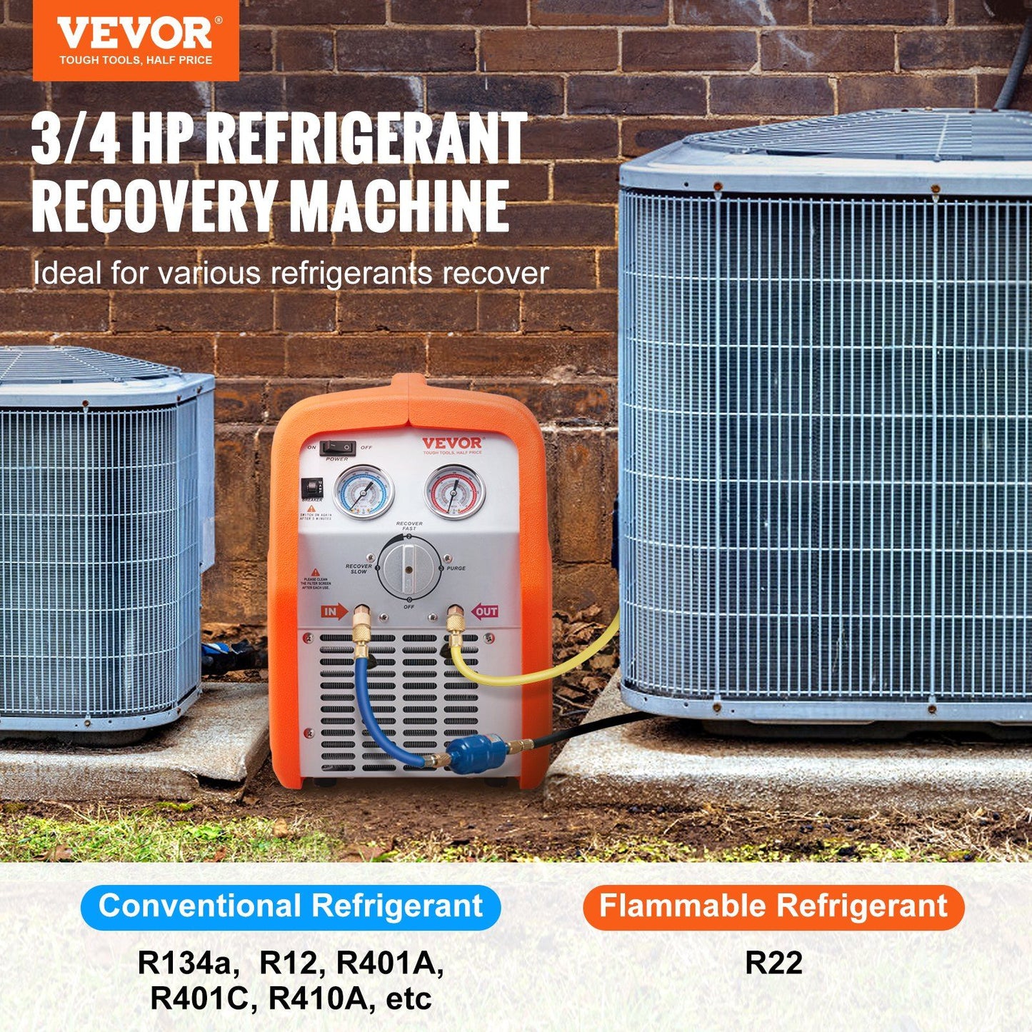 VEVOR Portable 3/4 HP Refrigerant Recovery Machine - AC Recovery Machine with High Pressure Protection 120V 60Hz Recovery Machine HVAC for Vapor Liquid Refrigerant, Car Air Conditioning