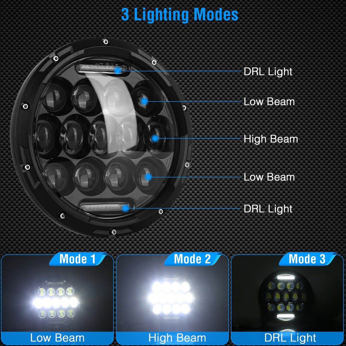 2Pcs 7In 75W Round LED Headlight 3800LM Halo Car Headlamp with DRL High Low Beam for Jeep Wrangler TJ JK CJ with H4 to H13 Adapters Plug and Play