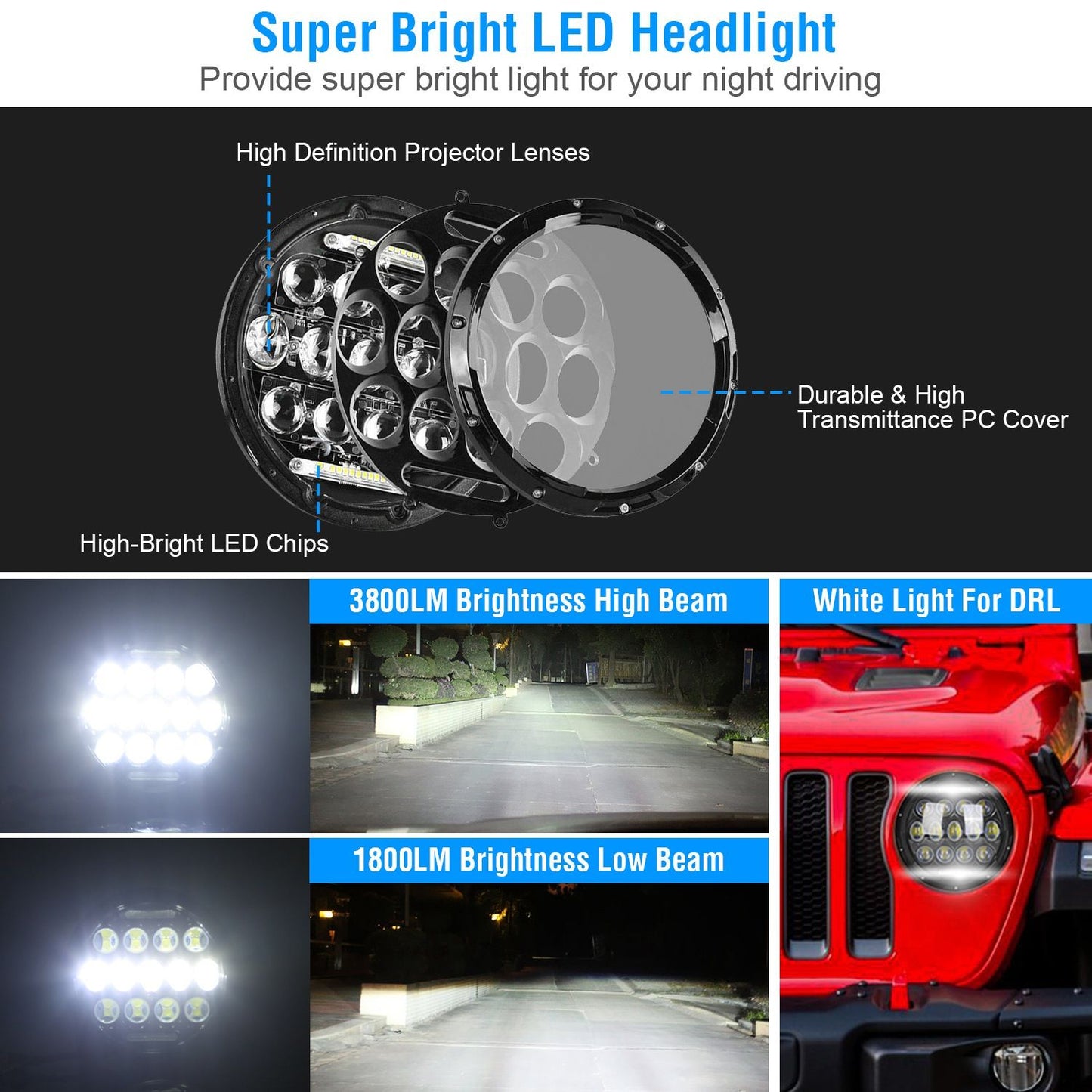 2Pcs 7In 75W Round LED Headlight 3800LM Halo Car Headlamp with DRL High Low Beam for Jeep Wrangler TJ JK CJ with H4 to H13 Adapters Plug and Play