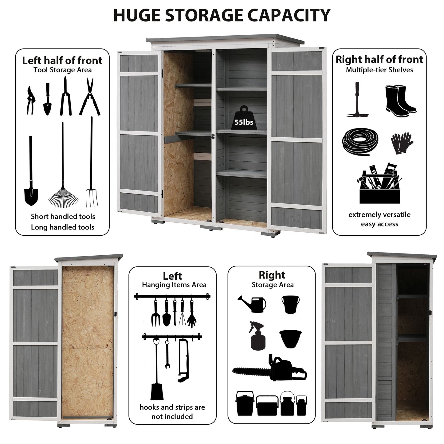 [Video Provided] TOPMAX Outdoor 5.5ft Hx4.1ft L Wood Storage Shed, Garden Tool Cabinet with Waterproof Asphalt Roof, Four Lockable Doors, Multiple-tier Shelves, White and Gray