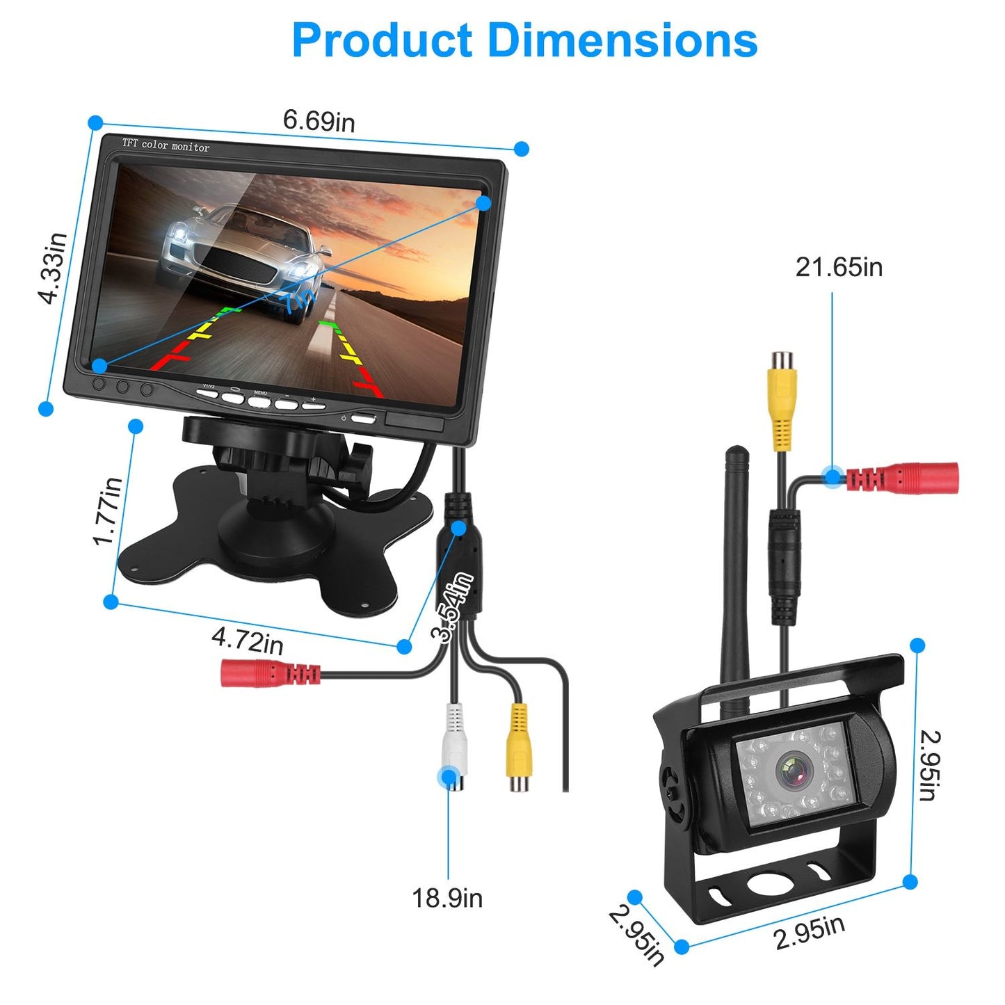 Wireless Backup Camera System Vehicle Rear View Monitor Kit IP67 Waterproof Car Parking Reverse System with 7In Screen Night Vision 2.4G Stable Signal for Car Trunk Van SUV