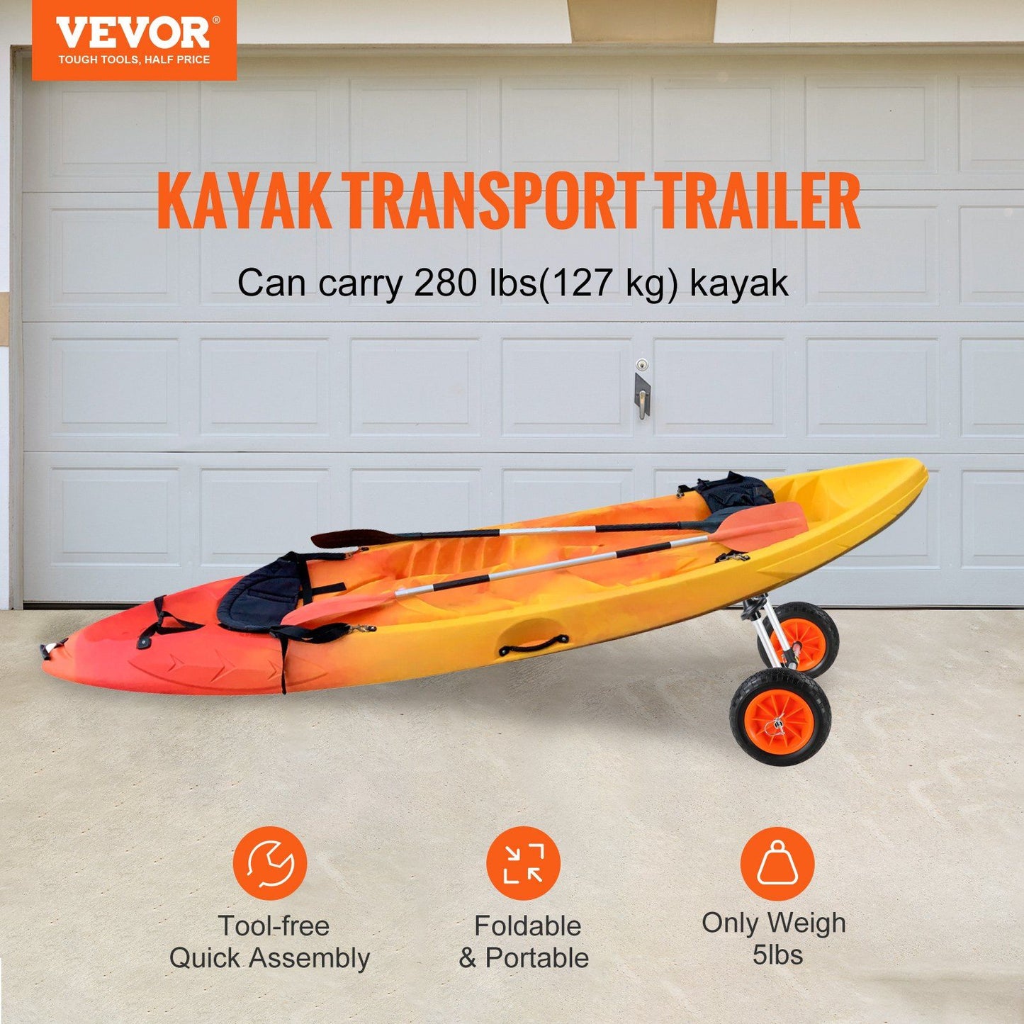 VEVOR Heavy Duty Kayak Cart, 280lbs Load Capacity, Detachable Canoe Trolley Cart with 10'' Solid Tires, Adjustable Width & Top Foam Protection, for Kayaks with Drain Holes of 2.54cm and Above