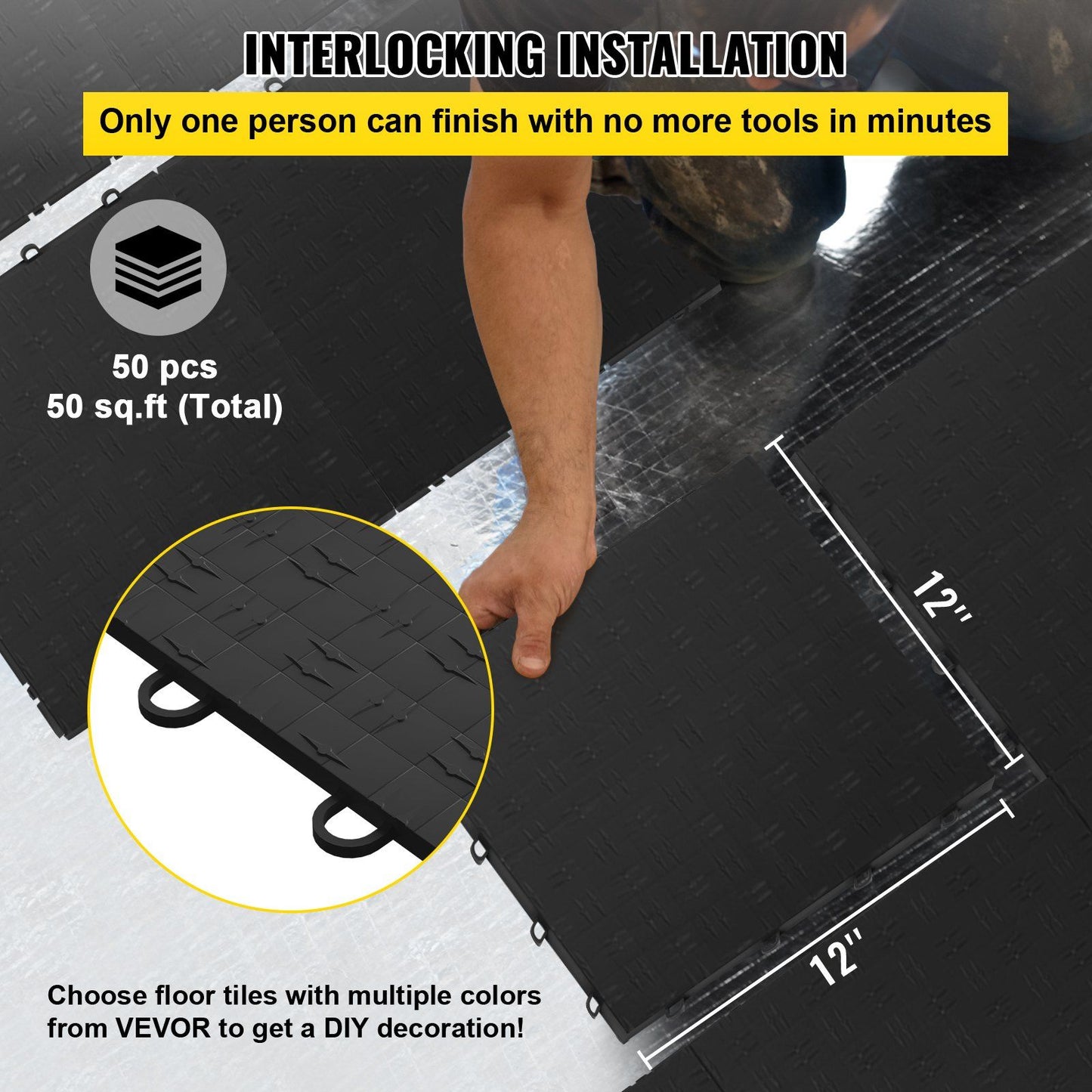 VEVOR Garage Tiles Interlocking, 12'' x 12'', 50 pcs, Black Garage Floor Covering Tiles, Non-Slip Diamond Plate Garage Flooring Tiles, Support up to 55,000 lbs for Basements, Gyms, Repair Shops