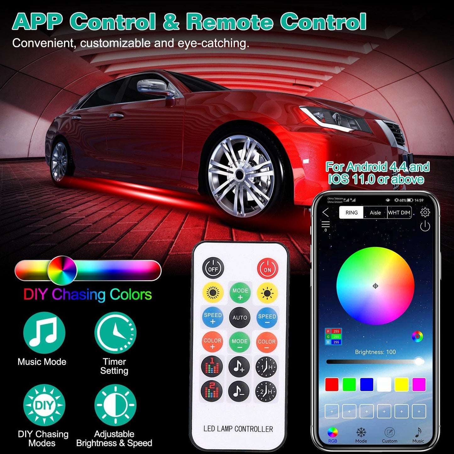 Waterproof RGB Underglow LED Strip Remote App Control Car Underbody Light