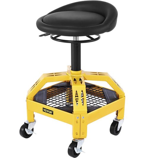 VEVOR Rolling Garage Stool, 300LBS Capacity, Adjustable Height from 24 in to 28.7 in, Mechanic Seat with 360-degree Swivel Wheels and Tool Tray, for Workshop, Auto Repair Shop, Yellow