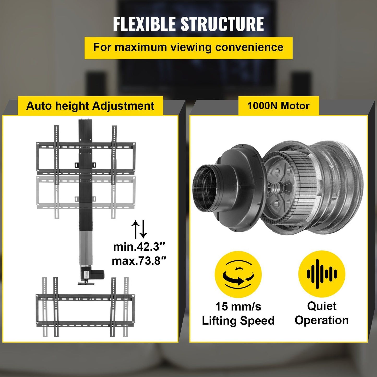 VEVOR Motorized TV Lift Stroke Length 31 Inches Motorized TV Mount Fit for Max.60 Inch TV Lift with Remote Control Height Adjustable 42-73 Inch,Load Capacity 132 Lbs