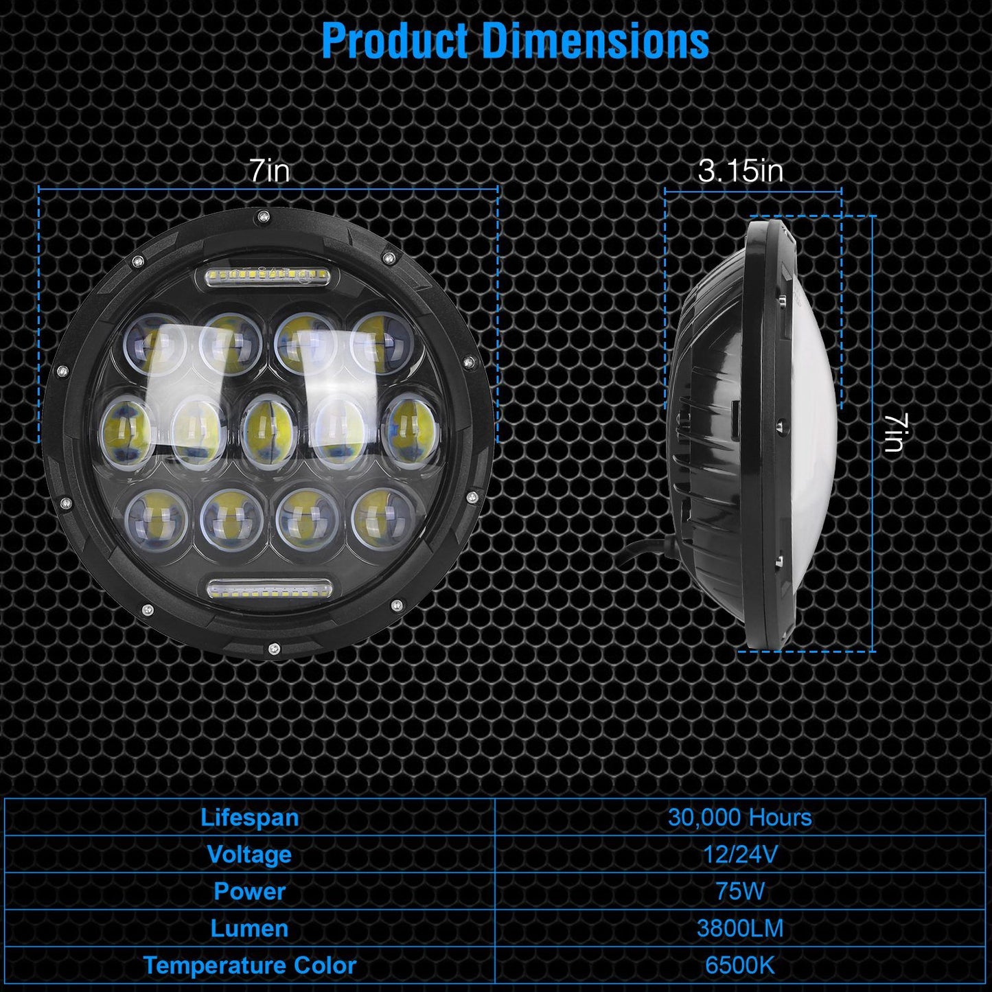 2Pcs 7In 75W Round LED Headlight 3800LM Halo Car Headlamp with DRL High Low Beam for Jeep Wrangler TJ JK CJ with H4 to H13 Adapters Plug and Play