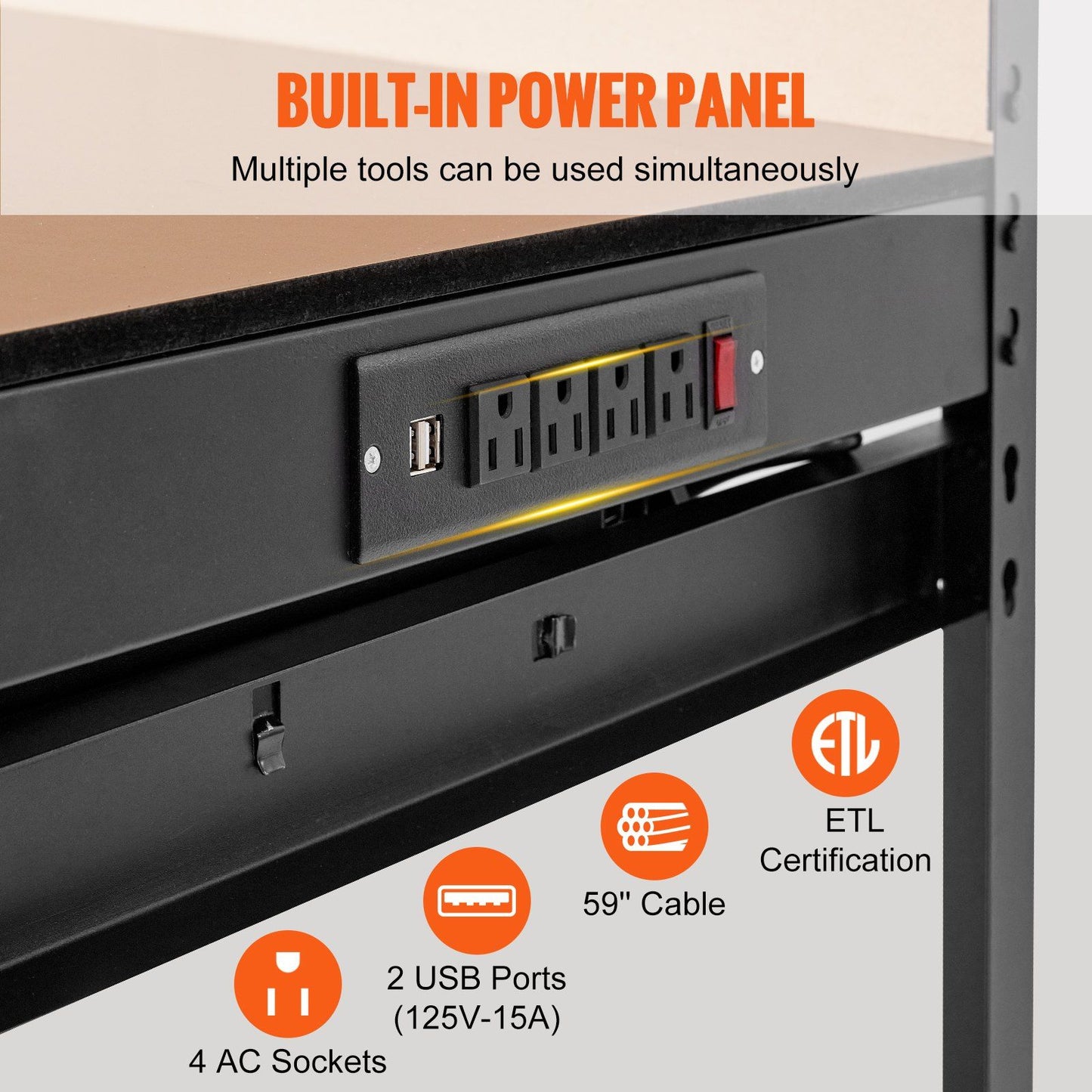 VEVOR Workbench A3 Steel Work Bench For Garage max. 1500W Heavy Duty Workbench 220lbs Weight Capacity 0.47" Bench top Thickness Hardwood Workbench 1.5m Cable 4xAC outlets 2xUSB ports 30xHooks