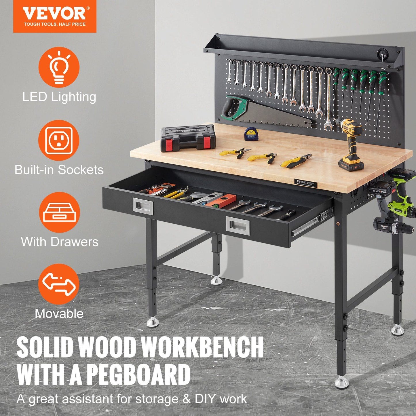 VEVOR Workbench Adjustable Height 28-39.5" Work Bench For Garage Oak Plank & Carbon Steel Heavy Duty Workbench 2000lbs Weight Capacity Bench top Size 48x24" Hardwood Workbench 3m Cable 30 Hooks