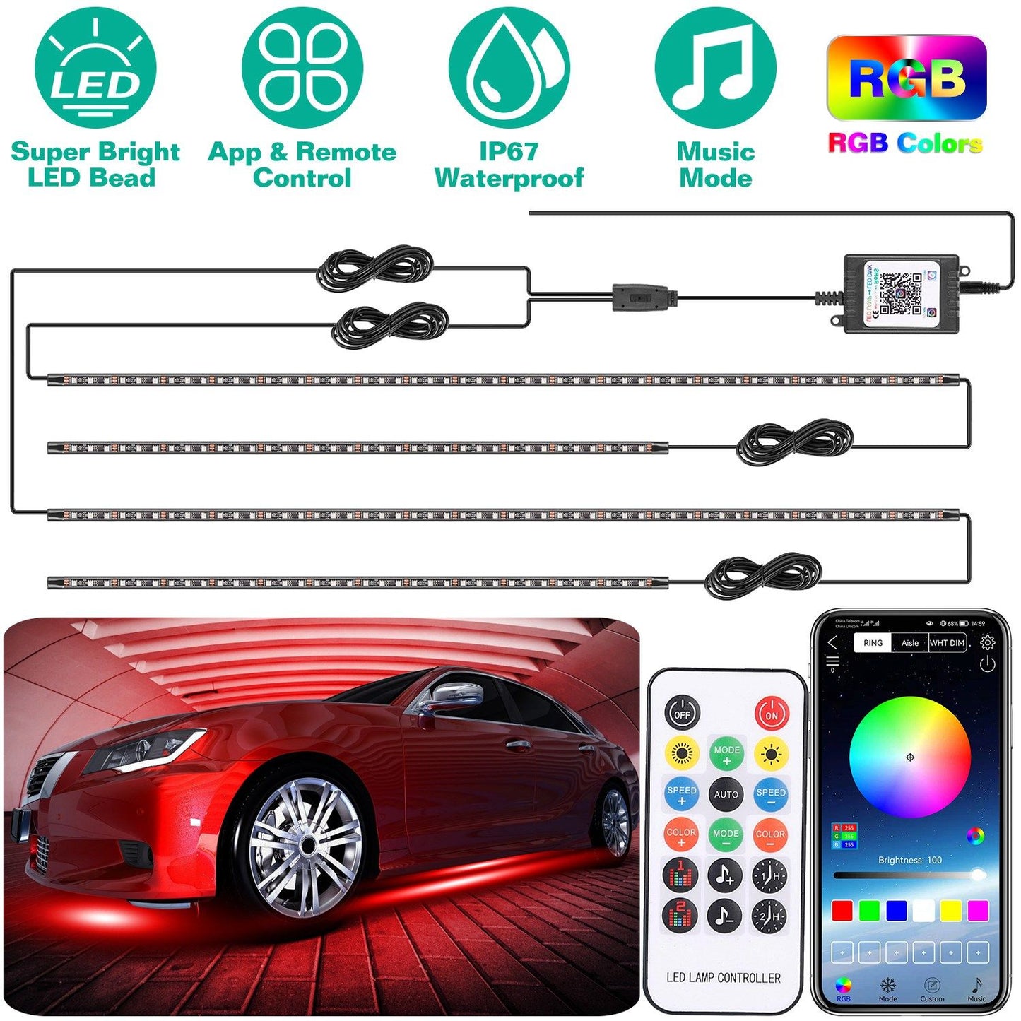 Waterproof RGB Underglow LED Strip Remote App Control Car Underbody Light