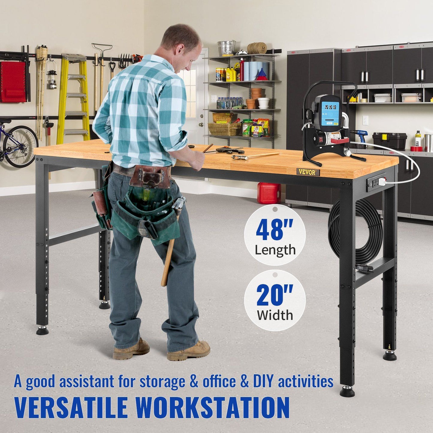 VEVOR Workbench Adjustable Height, 48" L X 20" W X 38.1" H Garage Table w/ 28.3" - 38.1" Heights & 2000 LBS Load Capacity, with Power Outlets & Hardwood Top & Metal Frame & Foot Pads, for Office Home