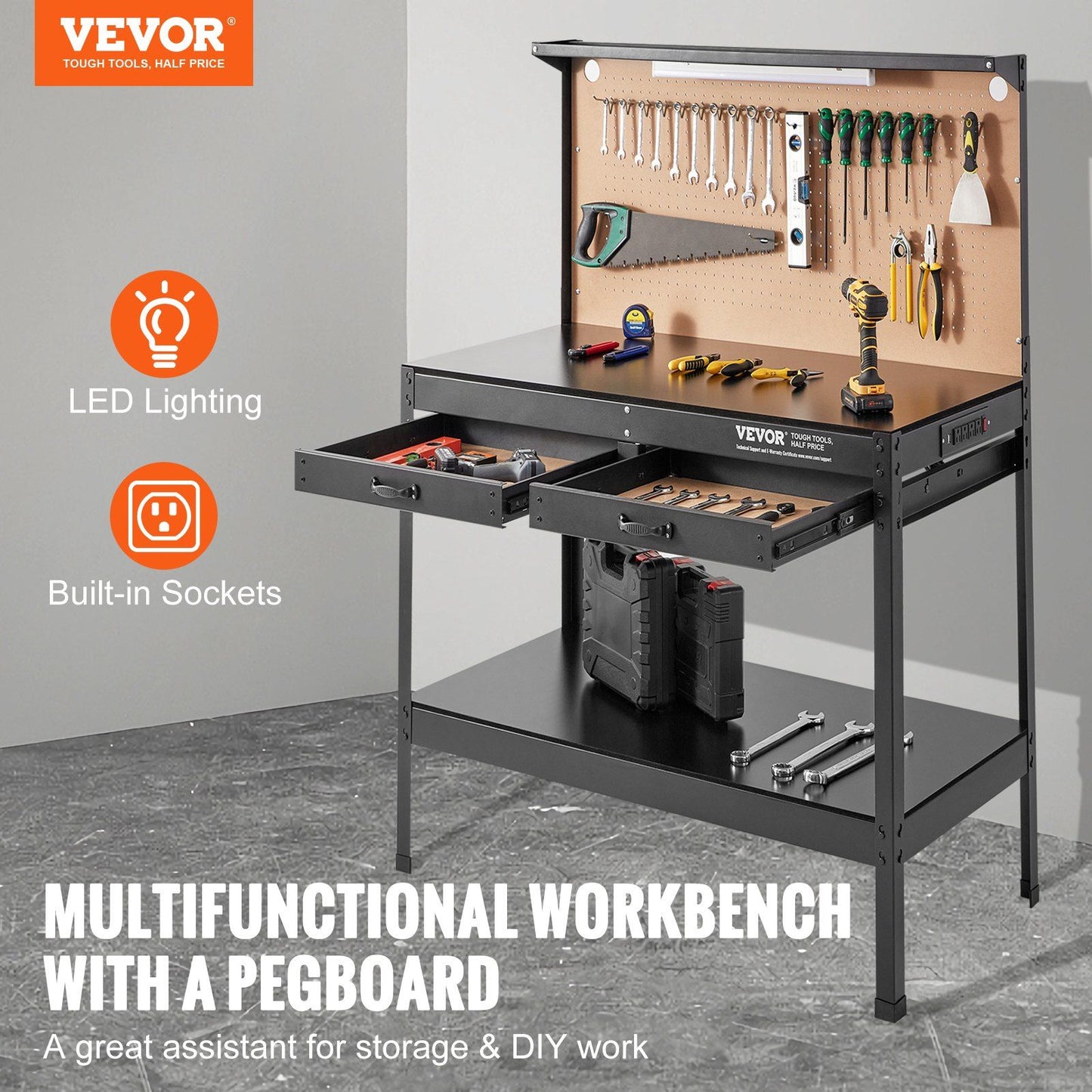 VEVOR Workbench A3 Steel Work Bench For Garage max. 1500W Heavy Duty Workbench 220lbs Weight Capacity 0.47" Bench top Thickness Hardwood Workbench 1.5m Cable 4xAC outlets 2xUSB ports 30xHooks