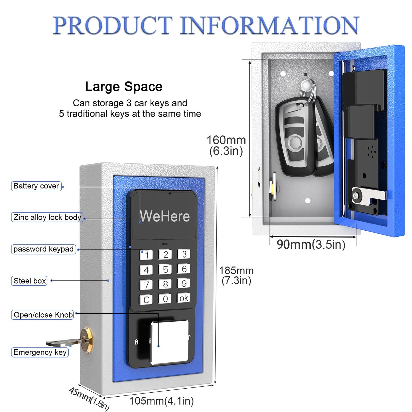 WeHere Wireless Smart Key Lock Box with APP, Electronic Lock Box for House Wall Mount, use Bluetooth/One-Time Password/Fixed Code Unlock,APP Remote Authorization ideal for Vacation Rental