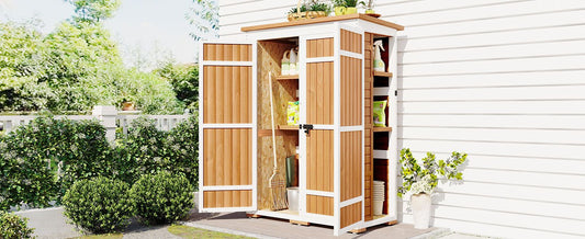 [Video Provided] TOPMAX Outdoor 5.5ft Hx4.1ft L Wood Storage Shed, Garden Tool Cabinet with Waterproof Asphalt Roof, Four Lockable Doors, Multiple-tier Shelves, Natural