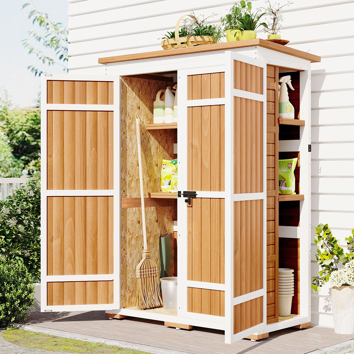 [Video Provided] TOPMAX Outdoor 5.5ft Hx4.1ft L Wood Storage Shed, Garden Tool Cabinet with Waterproof Asphalt Roof, Four Lockable Doors, Multiple-tier Shelves, Natural