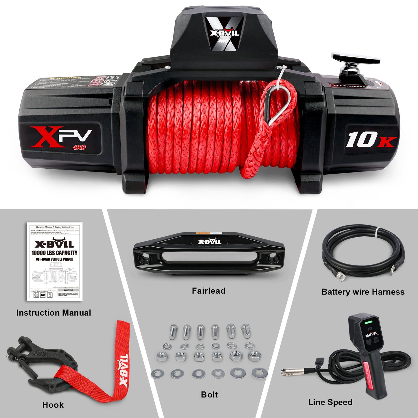 X-BULL Winch-10000 lb. BJ Load Capacity Electric Winch Kit -12V Synthetic Rope Winch,Waterproof IP67 Electric Winch with Hawse Fairlead, with Wireless Handheld Remote and Corded Control Recovery