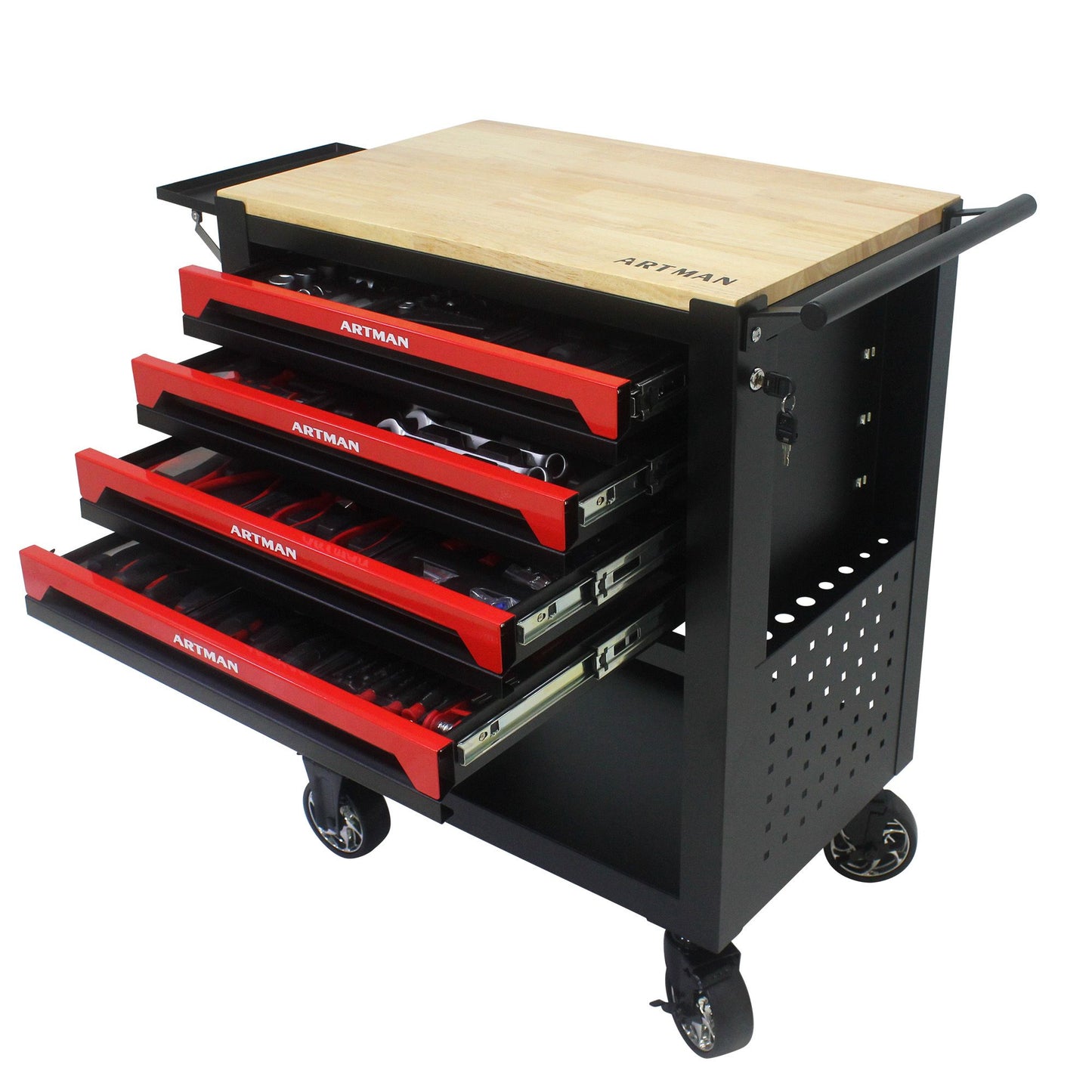 4 DRAWERS MULTIFUNCTIONAL TOOL CART WITH TOOL SET AND WOODEN TOP