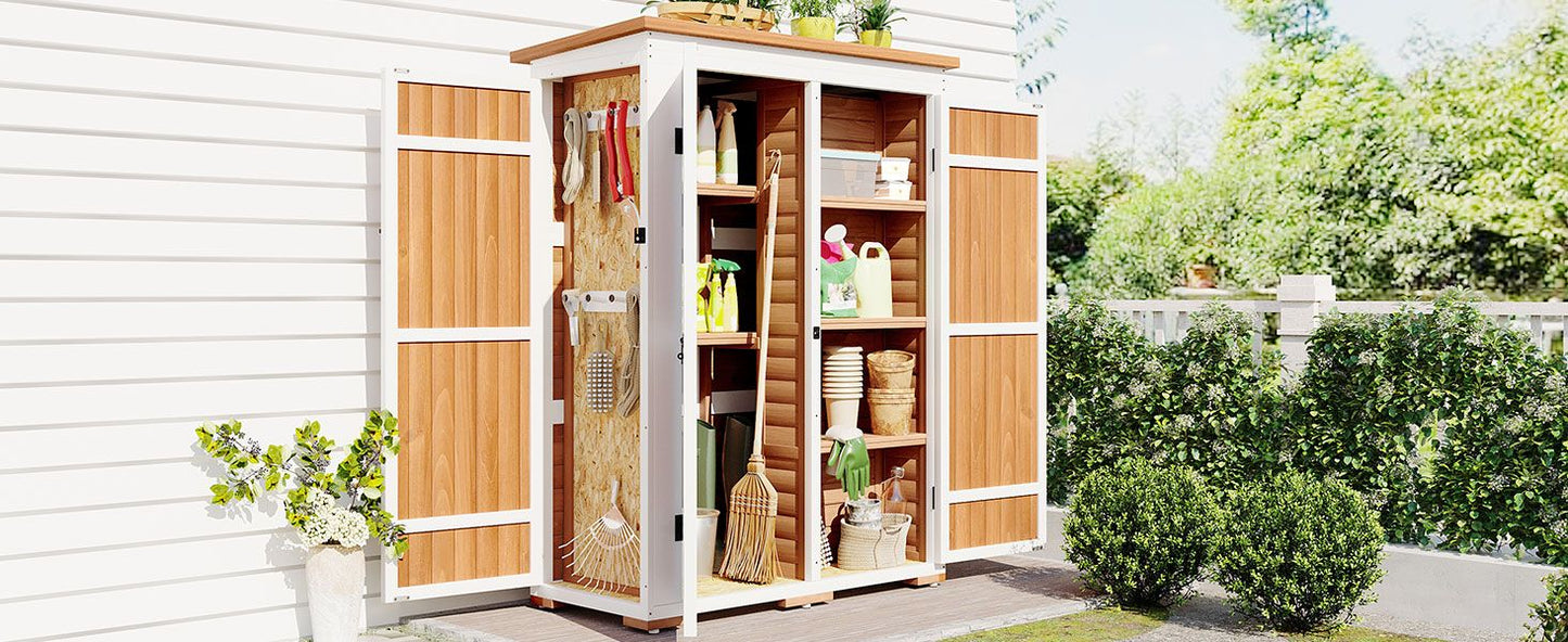 [Video Provided] TOPMAX Outdoor 5.5ft Hx4.1ft L Wood Storage Shed, Garden Tool Cabinet with Waterproof Asphalt Roof, Four Lockable Doors, Multiple-tier Shelves, Natural