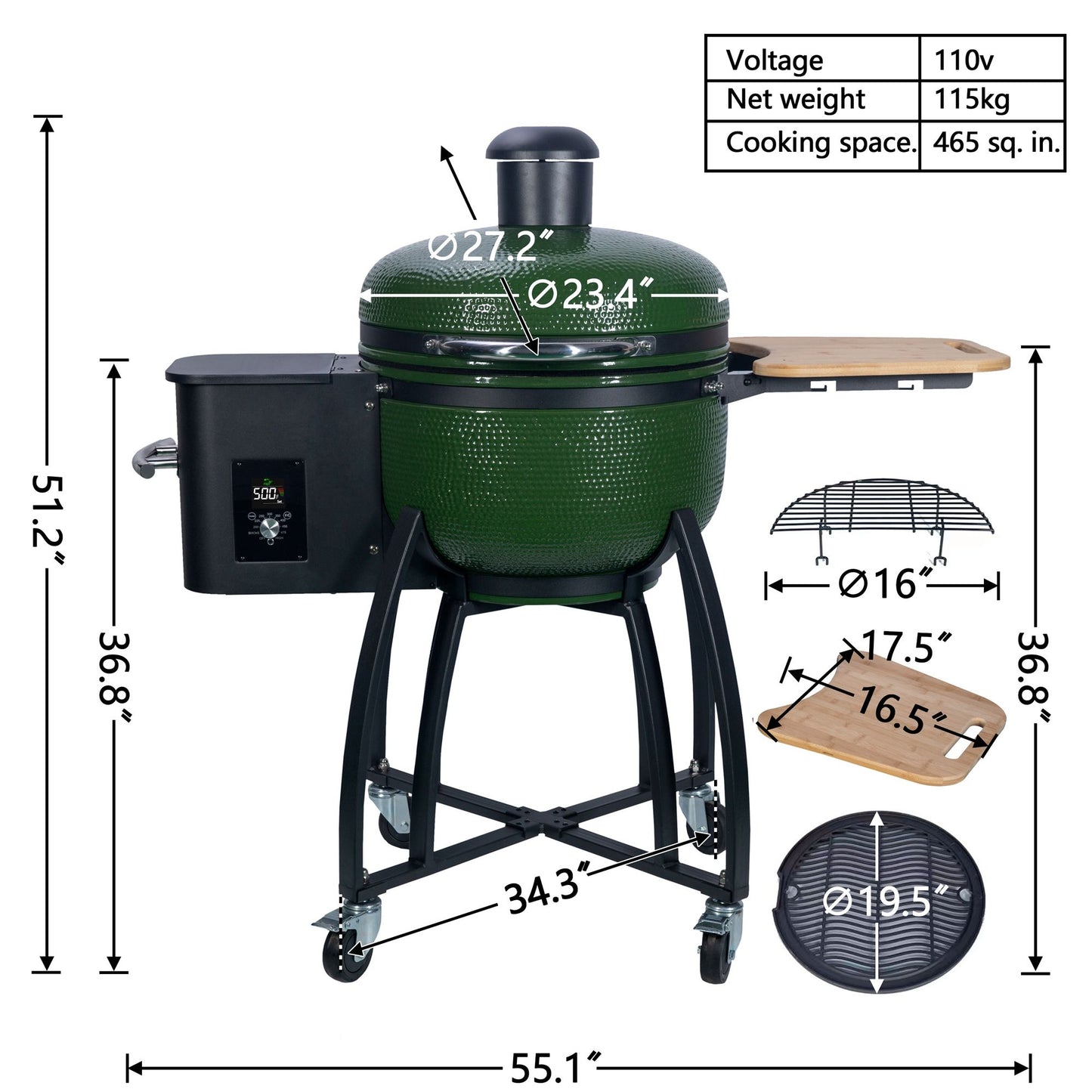 24 "Ceramic Pellet Grill with 19.6" diameter Gridiron Double Ceramic Liner 4-in-1 Smoked Roasted BBQ Pan-roasted for Outdoors Patio