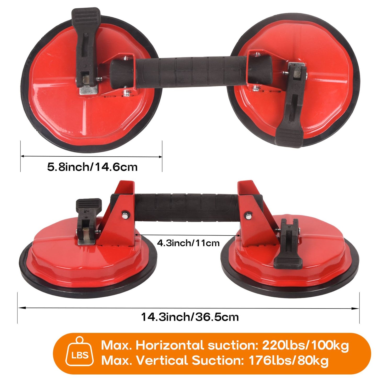 2 Pack Glass Suction Cup, 5.75in Adjustable Vacuum Suction Cups Heavy Duty Industrial Tile Suction Cup to Lift Large Glass for Window Replacement, 220lbs Load Capacity(Red)