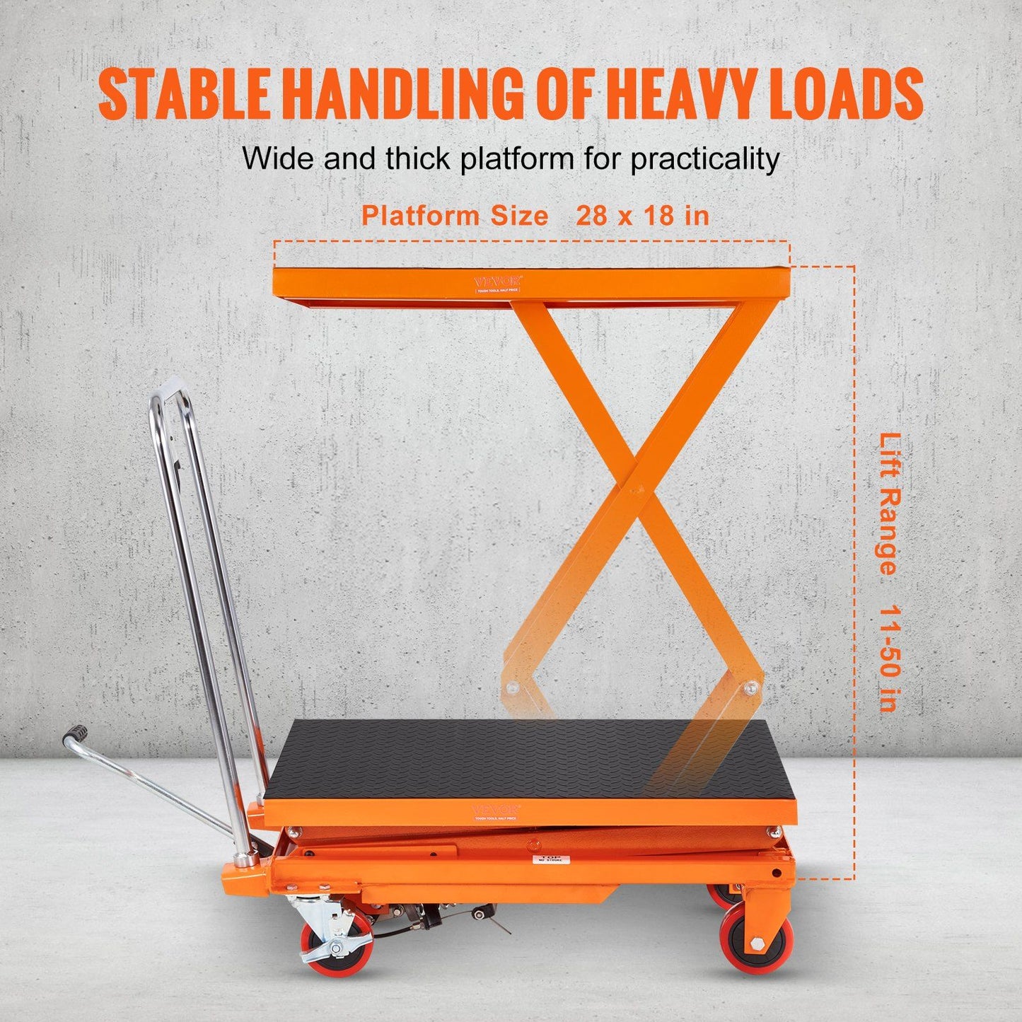 VEVOR Hydraulic Lift Table Cart, 330lbs Capacity 50" Lifting Height, Manual Double Scissor Lift Table with 4 Wheels and Non-slip Pad, Hydraulic Scissor Cart for Material Handling and Transportation