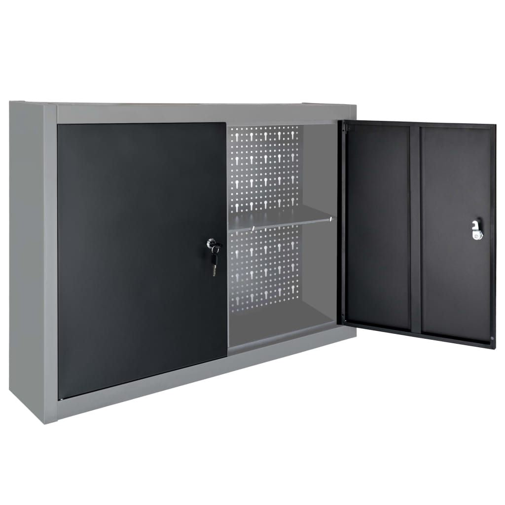 Wall Mounted Tool Cabinet Industrial Style Metal Gray and Black